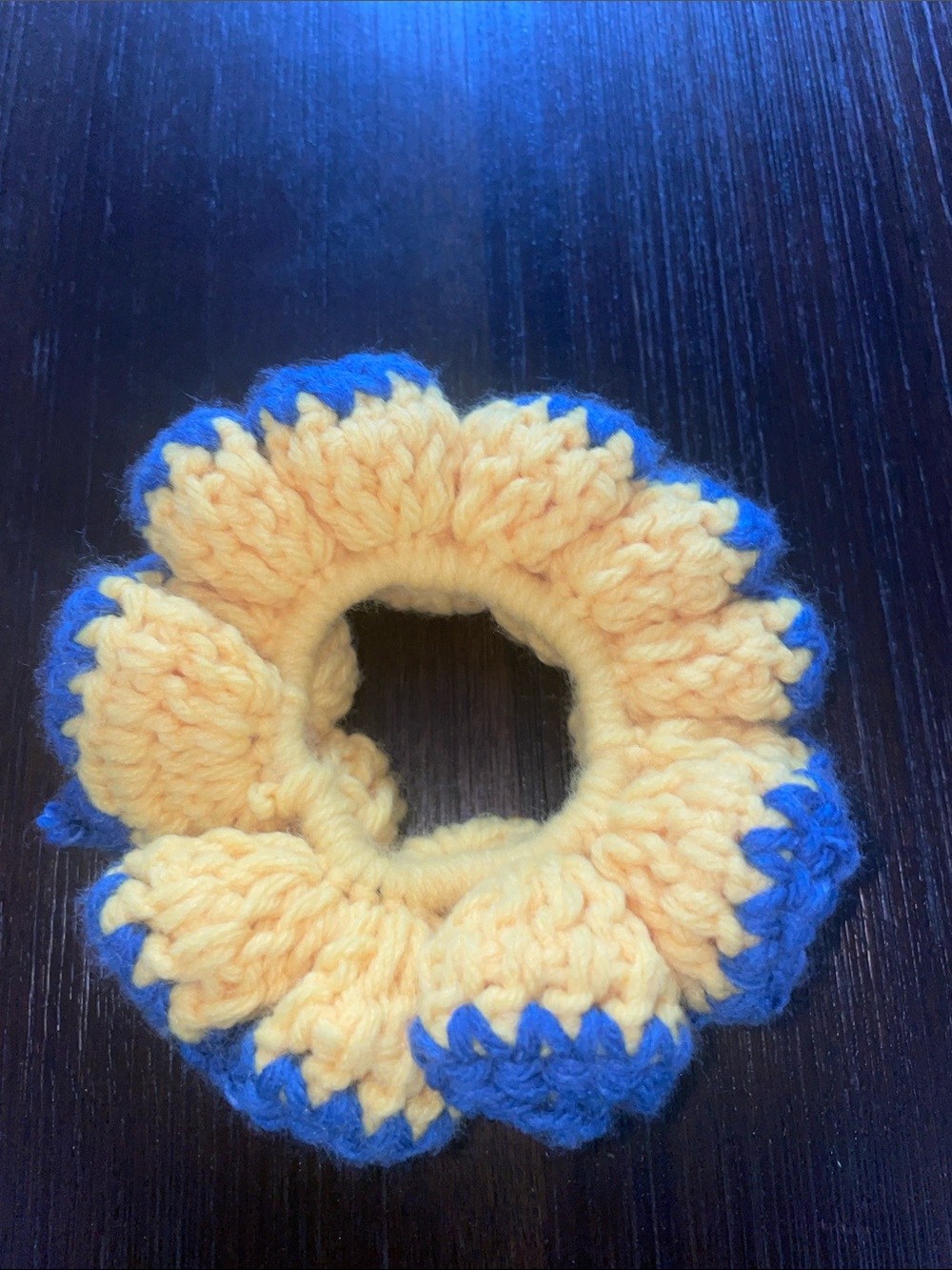 Handmade Yellow and Blue crochet Kids Scrunchie